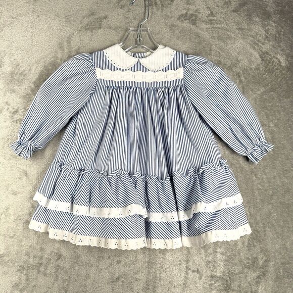 Lightening Bug Dress Girl 2T Blue White Stripe Ruffle A-Line Girly Nautical Boho - Picture 2 of 9
